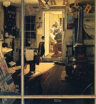 Norman Rockwell painting Shuffleton’s Barbershop (1950).